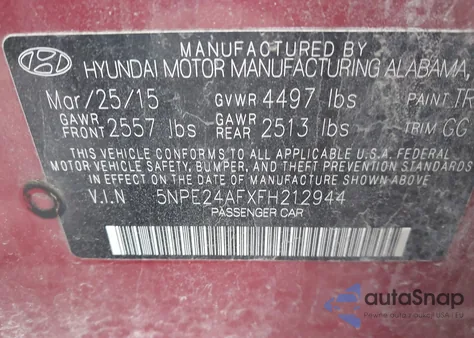 2015 Hyundai Sonata Se from USA, damaged, VIN 5NPE24AFXFH212944